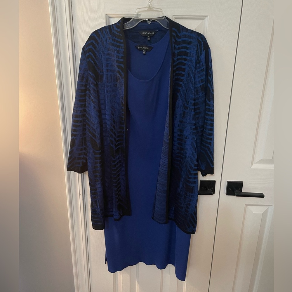 Ming Wang Blue Dress with Black and Blue Dressy Cardigan